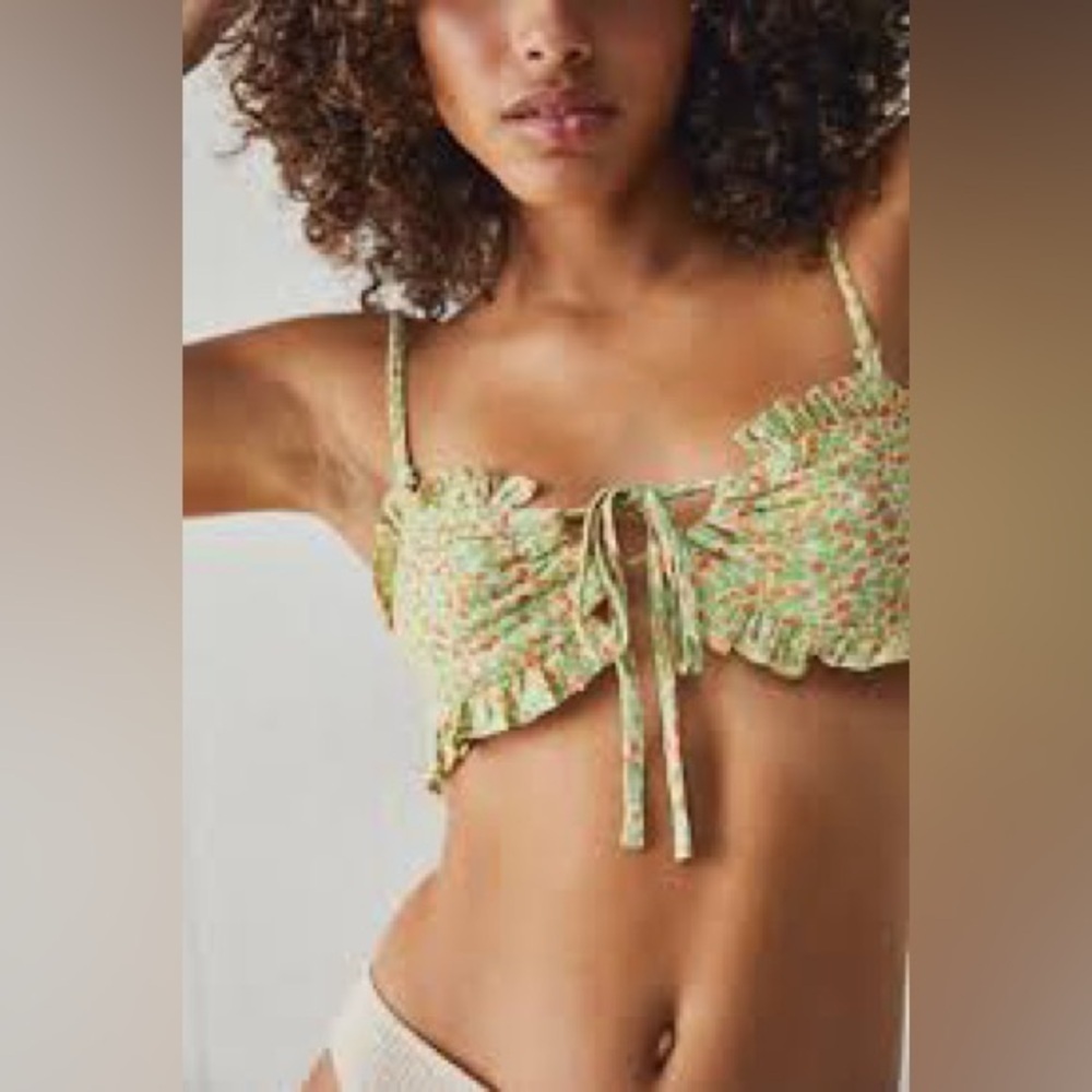 Free People Green Floral Ruffled Bandeau Top